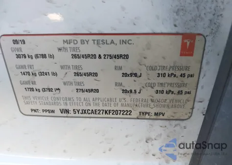 2019 Tesla Model X 100D/75D/Long Range from USA, damaged, VIN 5YJXCAE27KF207222